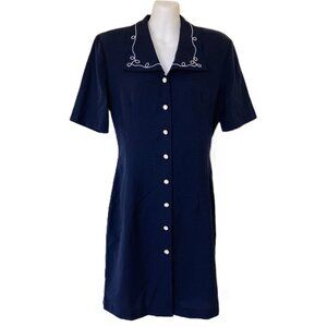 Chablis Short Sleeve Shirt Dress Navy Blue Nautical Vintage 90s
